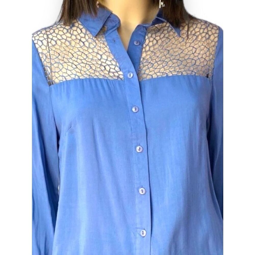 Blue Button Down Long Sleeve Mesh Panels Shirt NWT